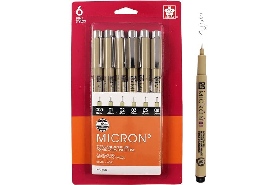 Drawing Pens - SAKURA Pigma Micron Fineliner Pens - Archival Black Ink Pens - Pens for Writing, Drawing, or Journaling - Assorted Point Sizes - 6 Pack