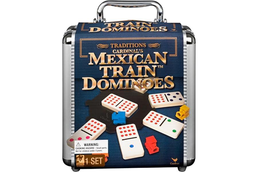 Domino & Tile Games - Mexican Train Dominoes Set Tile Board Game in Aluminum Carry Case Games with Colorful Trains for Family Game Night, for Adults and Kids Ages 8 and Up