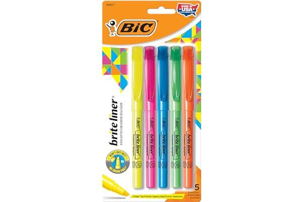 Liquid Highlighters - BIC Brite Liner Highlighters, Chisel Tip, 5-Count Pack of Highlighters Assorted Colors, Ideal Highlighter Set for Organizing and Coloring