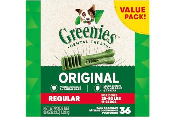 
   Best Selling Dog Treat Cookies, Biscuits & Snacks
   - GREENIES Original Regular Natural Dog Dental Care Chews Oral Health Dog Treats, 36 count (Pack of 1)