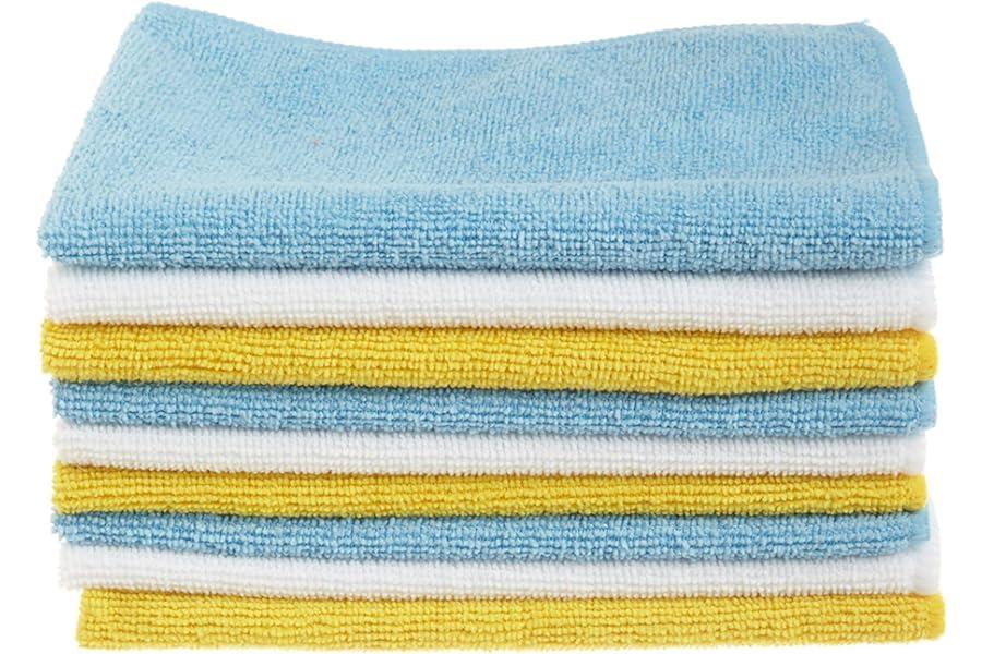 Reuseable Cleaning Cloths - Amazon Basics Microfiber Cleaning Cloth, Non-Abrasive, Reusable and Washable, Pack of 24, Blue/White/Yellow, 16" x 12"