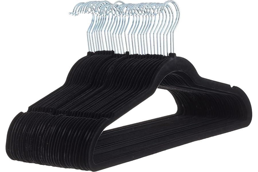 Suit Hangers - Amazon Basics Slim Velvet, Non-Slip Suit Clothes Hangers, Pack of 30, Black/Silver