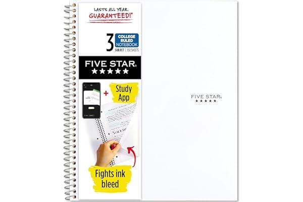 Subject Notebooks - Five Star Spiral Notebook + Study App, 3 Subject, College Ruled Paper, Fights Ink Bleed, Water Resistant Cover, 8-1/2" x 11", 150 Sheets, White (72464)