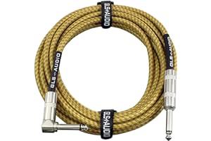 Instrument Cables - GLS Audio Instrument Cable - Amp Cord for Bass & Electric Guitar - Straight to Right Angle 1/4 Inch Instrument Cable - Brown/Yellow Braided Tweed, 20ft