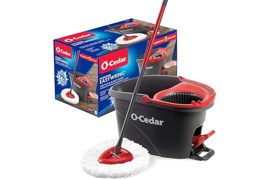 Household Mops & Bucket Sets - O-Cedar EasyWring Microfiber Spin Mop, Bucket Floor Cleaning System, Red, Gray