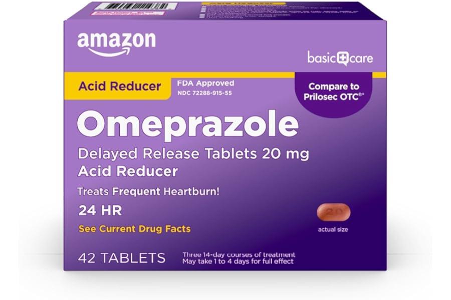 Antacids - Amazon Basic Care Omeprazole Delayed Release Tablets 20 mg, Treats Frequent Heartburn, Acid Reducer, Heartburn Medicine, 42 Count (Pack of 1)