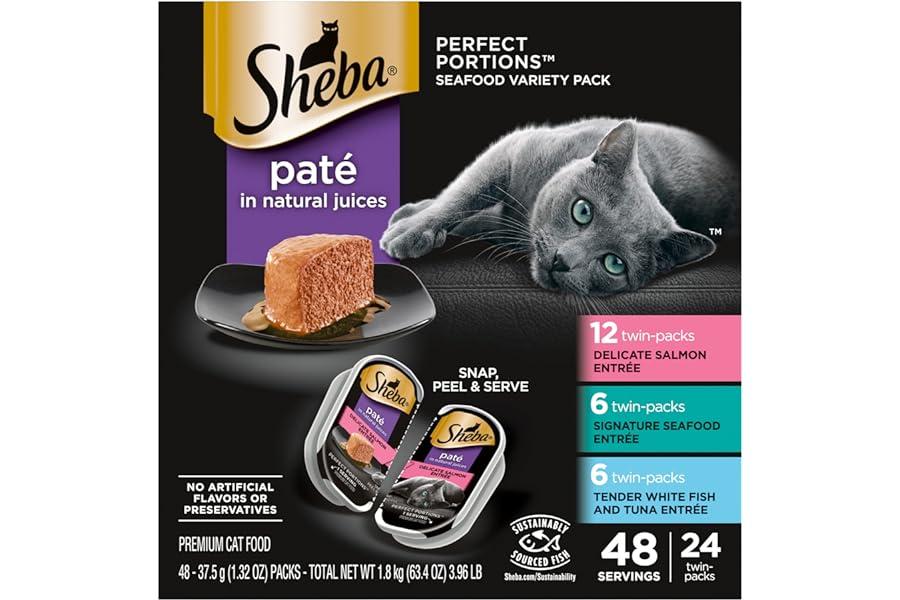 Canned Cat Food - SHEBA PERFECT PORTIONS Paté Adult Wet Cat Food Trays (24 Count, 48 Servings), Signature Seafood Entrée, Easy Peel Twin-Pack Trays