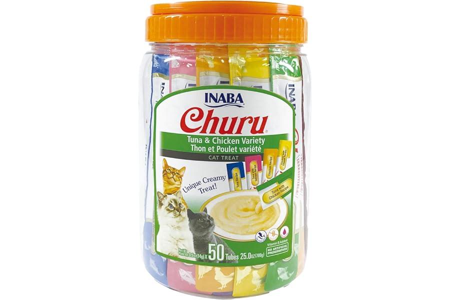 Canned Cat Food - INABA Churu Cat Treats, Grain-Free, Lickable, Squeezable Creamy Purée Cat Treat/Topper with Vitamin E & Taurine, 0.5 Ounces Each Tube, 50 Tubes, Tuna & Chicken Variety