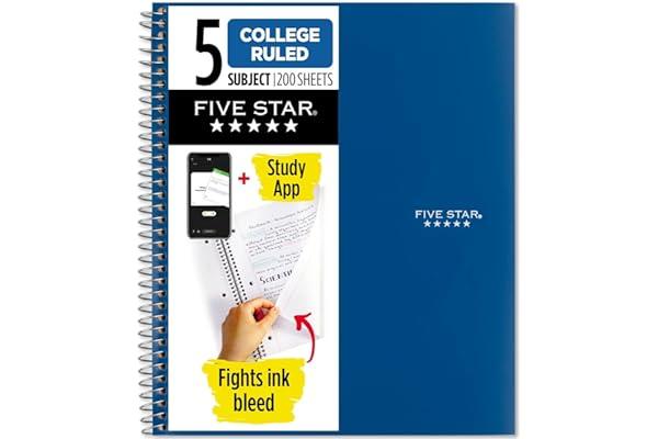 Subject Notebooks - Five Star Spiral Notebook + Study App, 5 Subject, College Ruled Paper, Fights Ink Bleed, Water Resistant Cover, 8-1/2" x 11", 200 Sheets, Blue (73635)