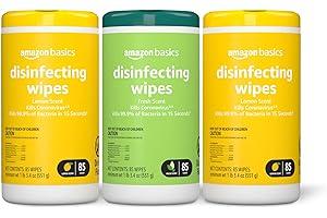 Household Disinfectant Wipes - Amazon Basics Disinfecting Wipes, Lemon & Fresh Scent, Sanitizes, Cleans, Disinfects & Deodorizes, 255 Count (3 Packs of 85) (Previously Solimo) (Packaging May Vary)