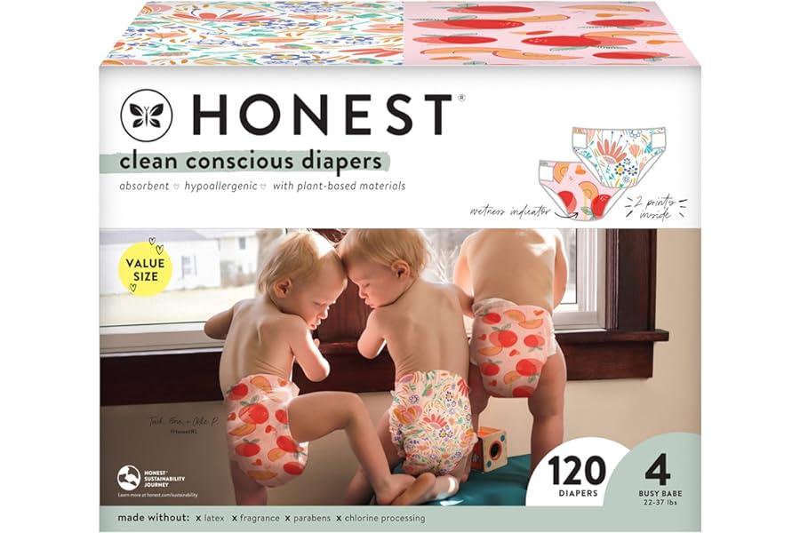 Disposable Diapers - The Honest Company Clean Conscious Diapers | Plant-Based, Sustainable | Just Peachy + Flower Power | Super Club Box, Size 4 (22-37 lbs), 120 Count