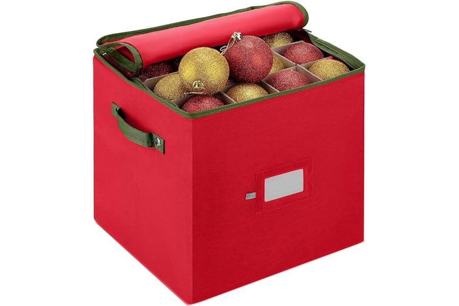 Holiday Ornament Storage - ZOBER Christmas Ornament Storage Box - Stores 64 Ornaments W/Dual Zippers - Non-Woven, Tear- Proof Christmas Ornament Storage Containers - 3 Inch Cube Compartments - Red