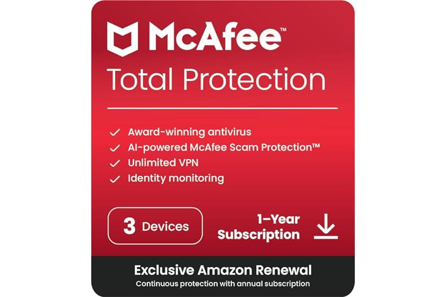 Mac Software - McAfee Total Protection 2024 Ready | 3 Device | Cybersecurity Software Includes Antivirus, Secure VPN, Password Manager, Dark Web Monitoring | Amazon Exclusive 1 Year with Auto Renewal