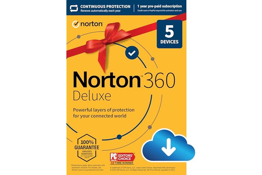 Internet Security Suites - Norton 360 Deluxe, 2024 Ready, Antivirus software for 5 Devices with Auto Renewal - Includes VPN, PC Cloud Backup & Dark Web Monitoring [Download]