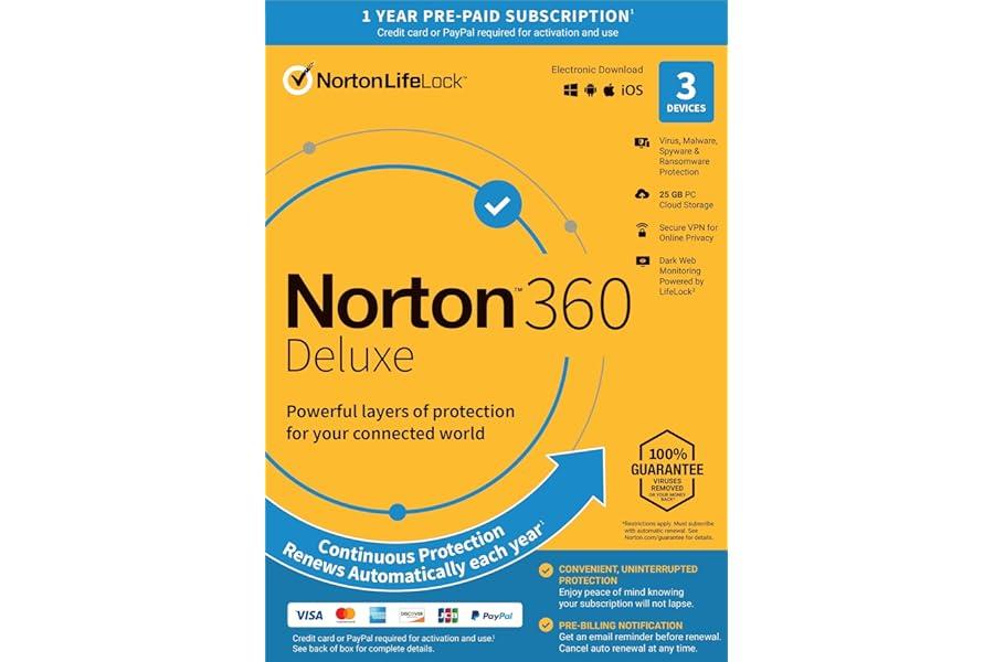 Mac Software - Norton 360 Deluxe, 2024 Ready, Antivirus software for 3 Devices with Auto Renewal - Includes VPN, PC Cloud Backup & Dark Web Monitoring [Key Card]