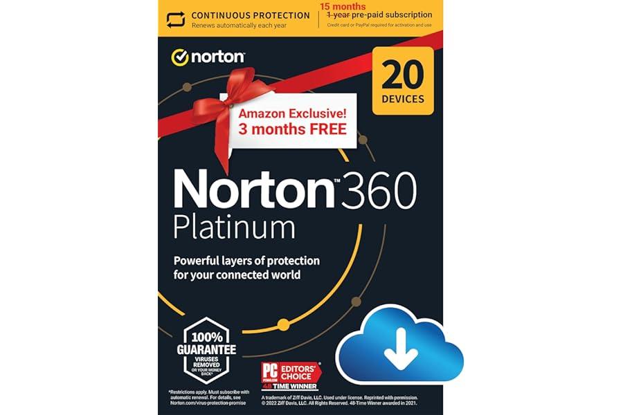 Mac Software - Norton 360 Platinum, 2024 Ready, Antivirus software for 20 Devices with Auto Renewal - 3 Months FREE - Includes VPN, PC Cloud Backup & Dark Web Monitoring [Download]