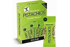 
   Best Selling Pistachio Nuts
   - Wonderful Pistachios No Shells, Roasted & Salted Nuts, 0.75 Ounce Bags (Pack of 9), Protein Snack, Carb-Friendly, Gluten Free, On-the-go, Individually Wrapped Snack