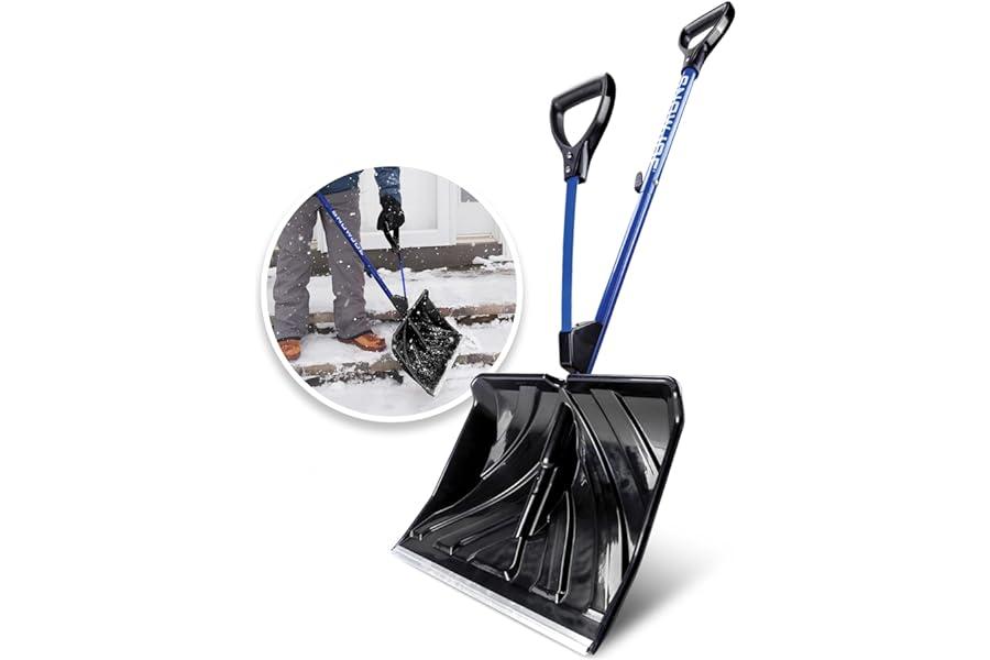 Snow Shovels - Snow Joe SJ-SHLV20 Shovelution 20-Inch, Strain-Reducing Snow Shovel w/ Spring Assisted Handle + Impact-Resistant Blade, Blue