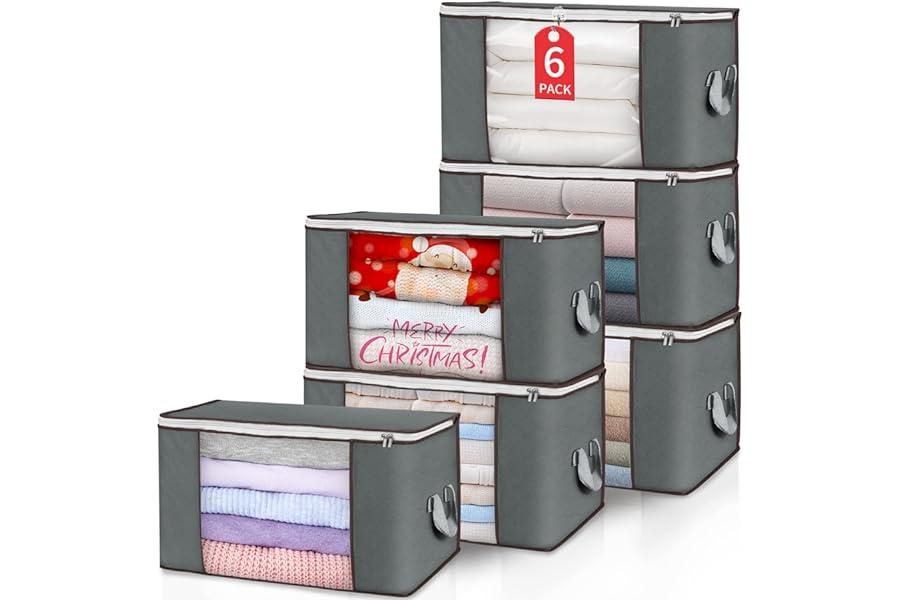 Under-Bed Storage - 90L Large Storage Bags, 6 Pack Clothes Storage Bins Foldable Closet Organizers Storage Containers with Durable Handle for Clothing, Blanket, Comforters, Bed Sheets, Pillows and Toys (Gray)