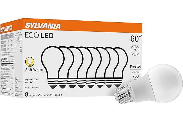 LED Bulbs - SYLVANIA ECO LED Light Bulb, A19 60W Equivalent, Efficient 9W, 7 Year, 750 Lumens, 2700K, Non-Dimmable, Frosted, Soft White - 8 Pack (40821)