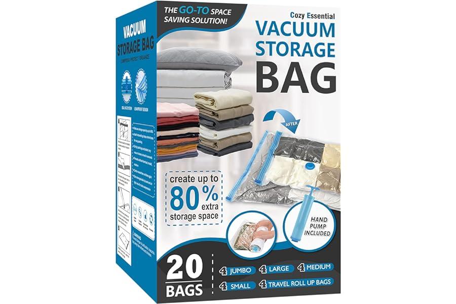 Space Saver Bags - 20 Pack Vacuum Storage Bags, Space Saver Bags (4 Jumbo/4 Large/4 Medium/4 Small/4 Roll) Compression for Comforters and Blankets, Sealer Clothes Storage, Hand Pump Included