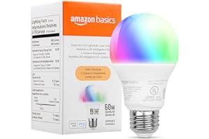 LED Bulbs - Amazon Basics - Smart A19 LED Light Bulb, 2.4 GHz Wi-Fi, 7.5W (Equivalent to 60W) 800LM, Works with Alexa Only, 1-Pack, Certified for Humans, Multicolor