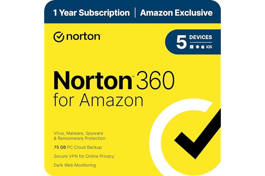 Mac Software - Norton 360 for Amazon, 2024 Ready,Antivirus software for up to 5 Devices with Auto Renewal [Subscription]