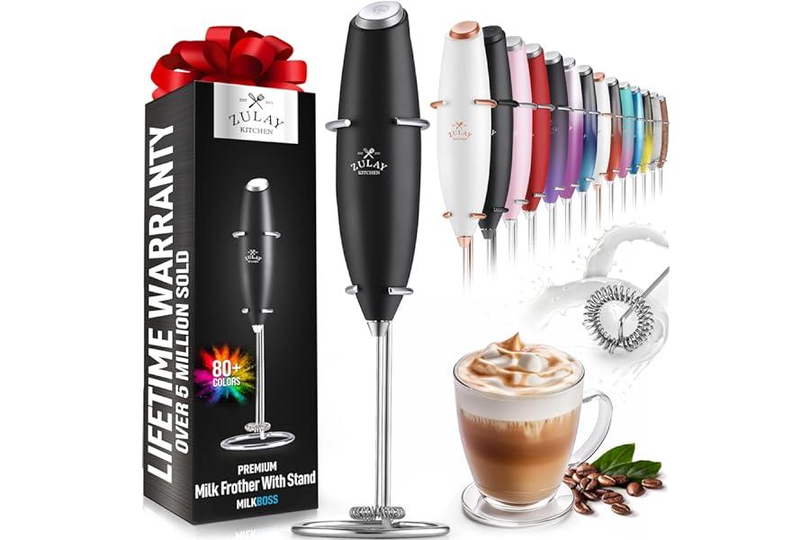 Milk Frothers - Zulay Kitchen Powerful Milk Frother Handheld Foam Maker for Lattes - Whisk Drink Mixer for Coffee, Mini Foamer for Cappuccino, Frappe, Matcha, Hot Chocolate by Milk Boss (Black)