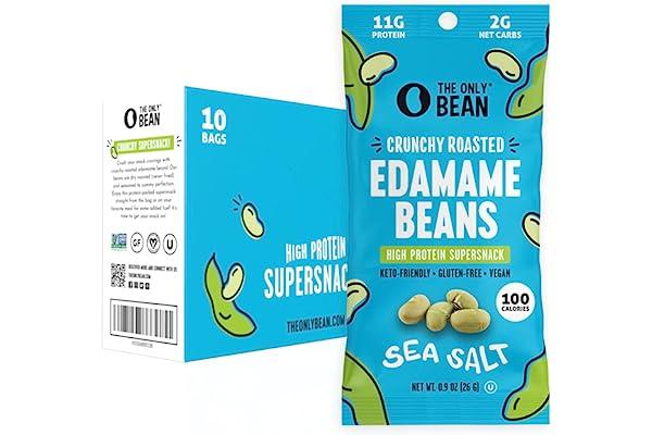 Unique Snack Foods - The Only Bean Crunchy Dry Roasted Edamame Snacks (Sea Salt), Keto Snack Food, High Protein (11g) Healthy Snacks, Low Carb Gluten Free Office Vegan Food 100 Calorie Snack Pack, 0.9oz 10 Pack