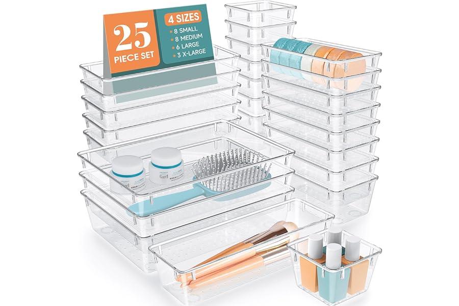 Clothes Drawer Organizers - WOWBOX 25 PCS Clear Plastic Drawer Organizer Set, 4 Sizes Desk Drawer Divider Organizers and Storage Bins for Makeup, Jewelry, Gadgets for Kitchen, Bedroom, Bathroom, Office