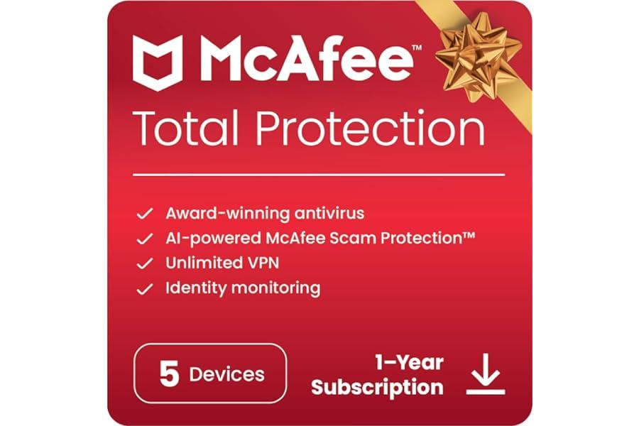 Mac Software - McAfee Total Protection 2024 Ready | 5 Device | Cybersecurity Software Includes Antivirus, Secure VPN, Password Manager, Dark Web Monitoring | Download