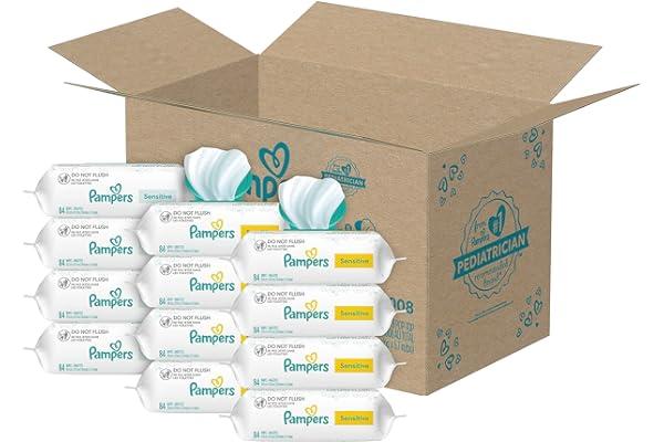 Diaper Wipes & Accessories - Pampers Sensitive Baby Wipes - Baby Wipes Combo, 84 Count (Pack of 12), Water Based, Hypoallergenic and Unscented (Packaging May Vary)