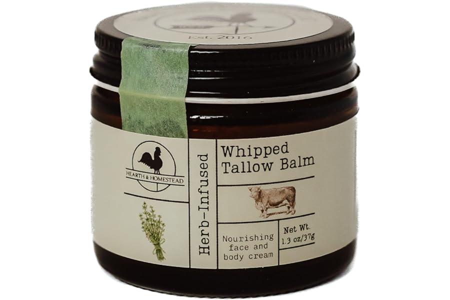 Handmade Body Butter - Hearth and Homestead: Handmade Whipped Tallow Balm (Unscented/Herb-Infused) - Organic Body Butter with Infused Olive Oil, for Eczema, Rosacea, Baby - 1.3 oz