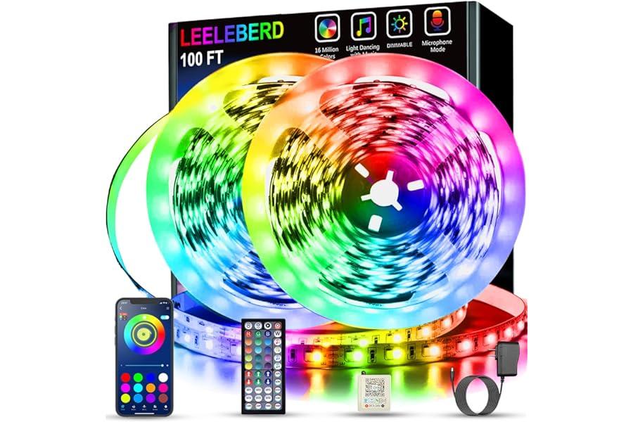 LED Strip Lights - Leeleberd Led Lights for Bedroom 100 ft (2 Rolls of 50ft) Music Sync Color Changing RGB Led Strip Lights with Remote App Control Bluetooth Led Strip, Led Lights for Room Home Kitchen Decor Party