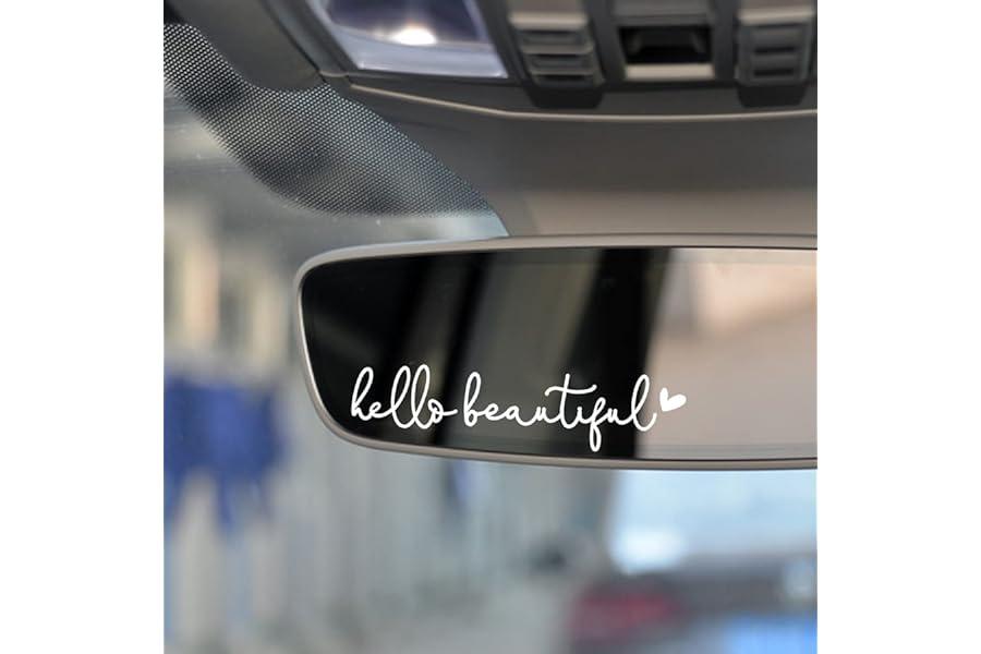 Handmade Decorative Stickers - 3x Hello Beautiful Rearview Mirror Decal, Vanity Mirror Stickers, Rear View Mirror Vinyl Decal, Car Accessories Gifts, Car Decal For Women, Car Window Decal, Self Affirmations Decal