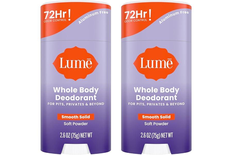 Deodorant - Lume Whole Body Deodorant - Smooth Solid Stick - 72 Hour Odor Control - Aluminum Free, Baking Soda Free and Skin Safe - 2.6 Ounce (Pack of 2) (Soft Powder)