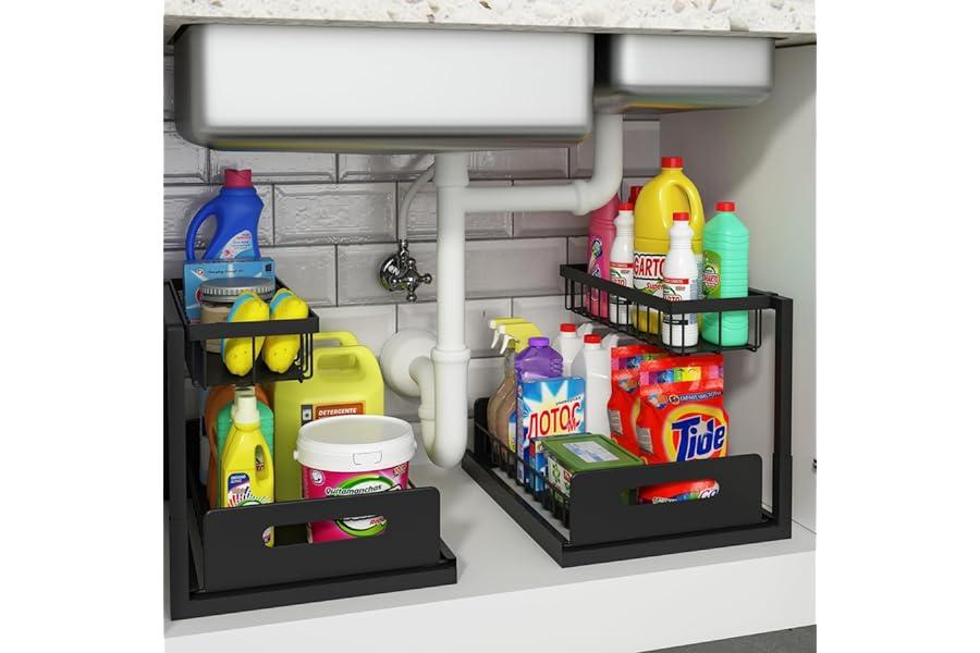 Under-Sink Organizers - REALINN Under Sink Organizer and Storage, 2 Pack Pull Out Cabinet Organizer Slide Out Sink Shelf Cabinet Storage Shelves, Under Sink Storage for Kitchen Bathroom Cabinet