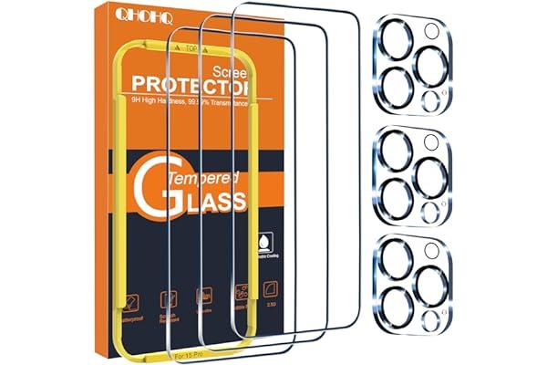 
   Best Selling Cell Phone Screen Protectors
   - QHOHQ 3 Pack Screen Protector for iPhone 15 Pro [6.1 Inch] with 3 Pack Camera Lens Protector, Tempered Glass Film, HD Clear, 9H Hardness, No Bubbles, Case Friendly