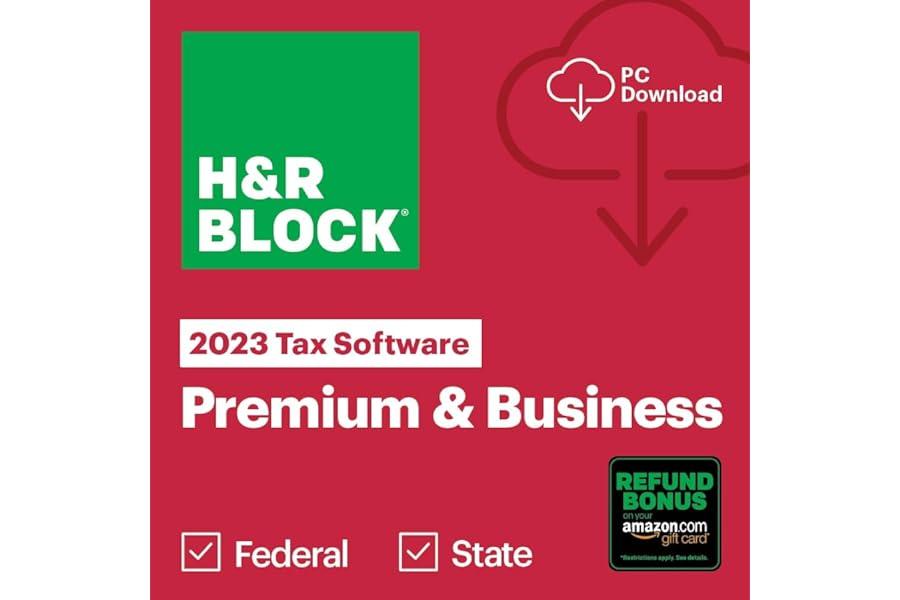 Tax Preparation - H&R Block Tax Software Premium & Business 2023 with Refund Bonus Offer (Amazon Exclusive) (PC Download)