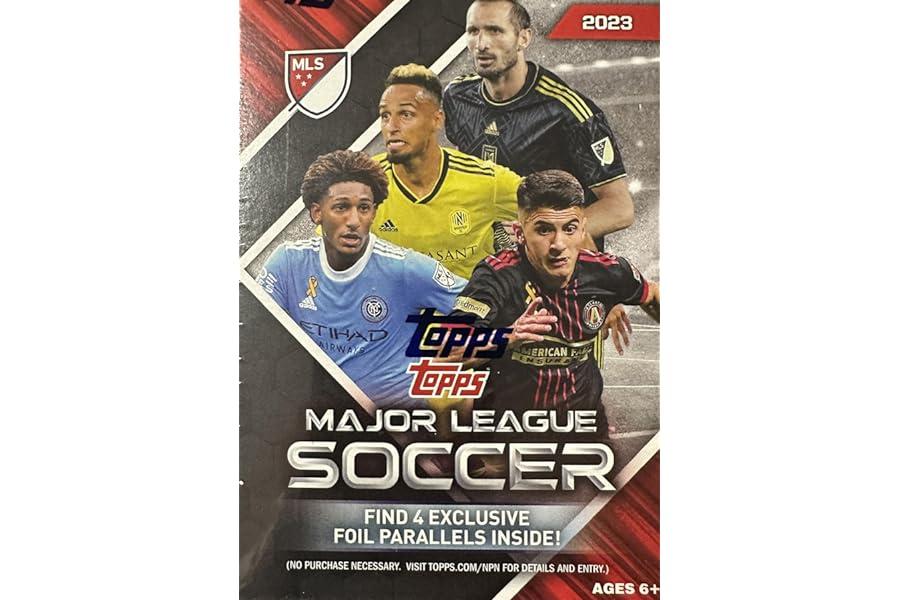 Sports Collectible Trading Card Boxes - 2023 Topps MLS Soccer Blaster Box of Packs with 4 Exclusive Icy Foilboard Parallel Cards Per Box and Chance for Autographs and New Pearlers Chrome Cards of Top Goal Scoring Players