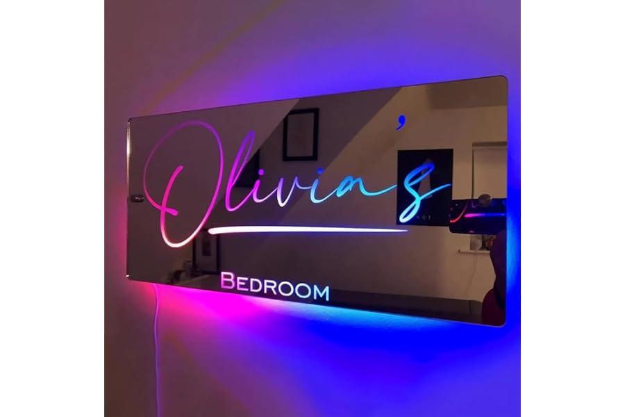 Mirrors - Personalized LED Name Mirror with Light 12 Color Remote Control Personalized Dresser Lighting Bedroom Living Room Decor Personalized Gift (Horizontal (installation tools included))